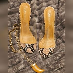 Cape Robbin Snake Print Heels with Clear Accents